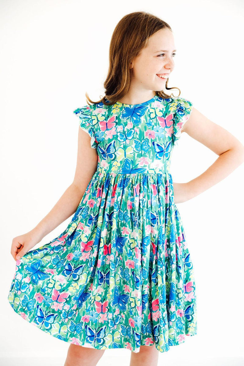 Watercolor Butterflies Flutter Sleeve Twirl Dress
