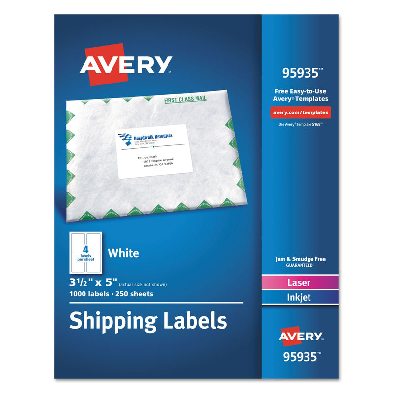 Avery White Shipping Labels-Bulk Packs, Inkjet/Laser Printers, 3.5 x 5, White, 4/Sheet, 250 Sheets/Box