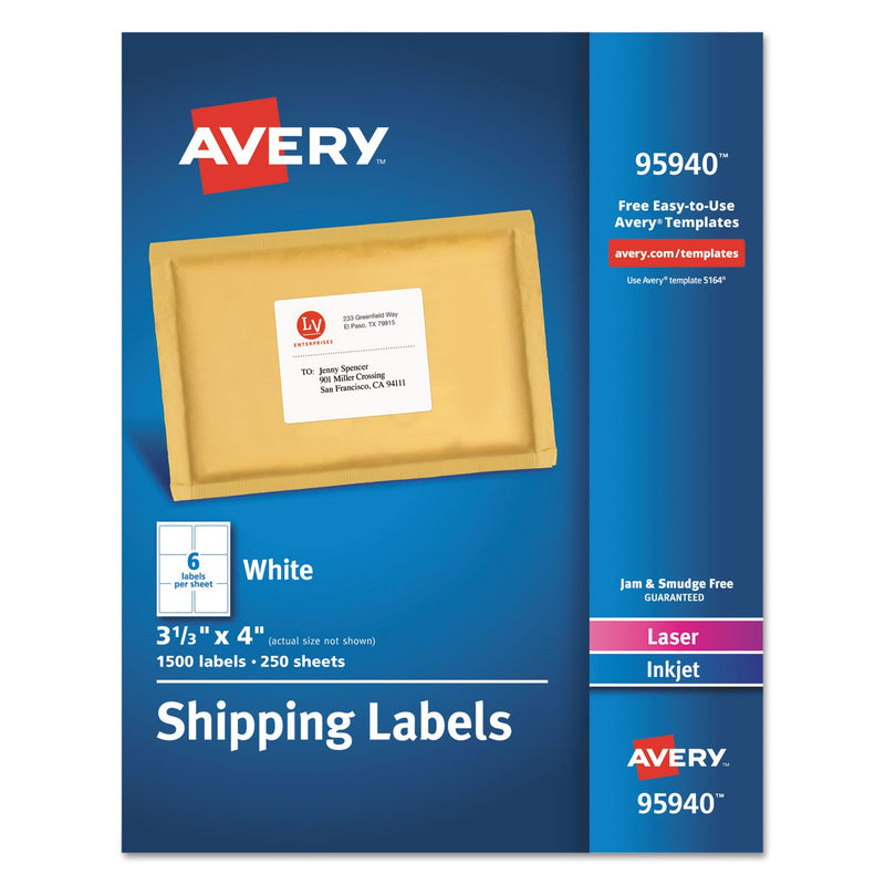 Avery White Shipping Labels-Bulk Packs, Inkjet/Laser Printers, 3.33 x 4, White, 6/Sheet, 250 Sheets/Box