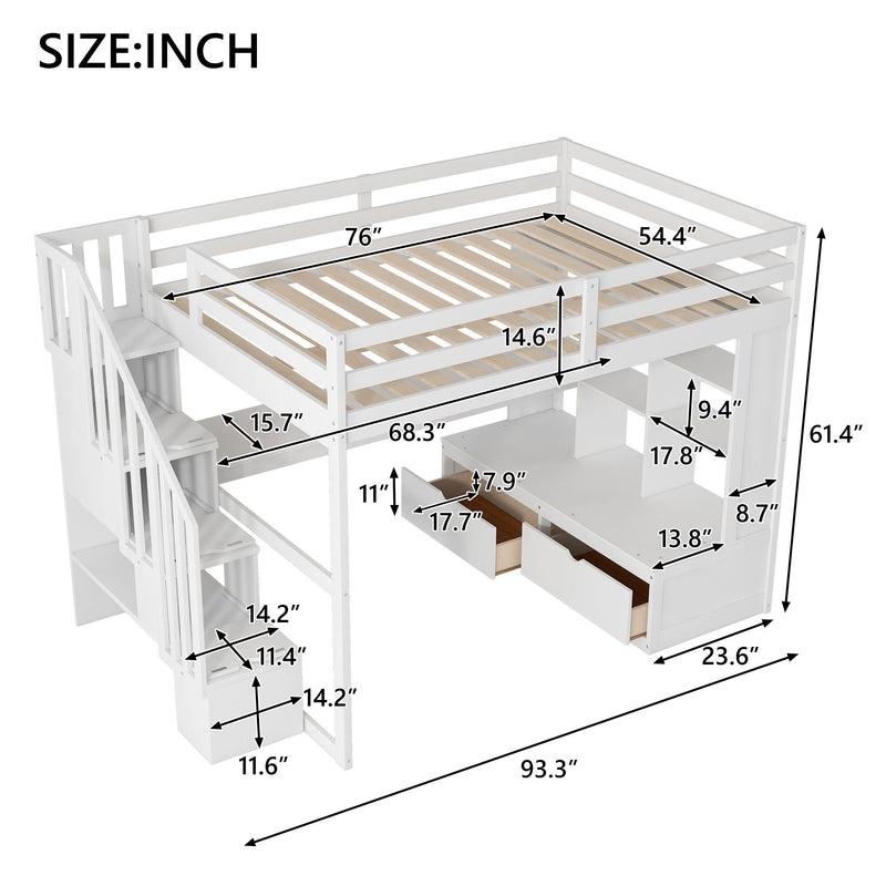 Full Size Loft Bed With Desk And Shelves, 2 Built In Drawers, Storage Staircase - White