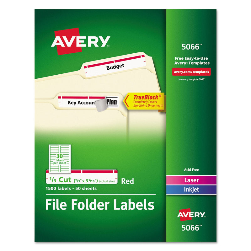 Avery Permanent TrueBlock File Folder Labels with Sure Feed Technology, 0.66 x 3.44, White, 30/Sheet, 50 Sheets/Box