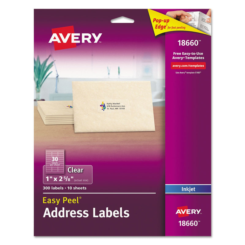 Avery Matte Clear Easy Peel Mailing Labels w/ Sure Feed Technology, Inkjet Printers, 1 x 2.63, Clear, 30/Sheet, 10 Sheets/Pack