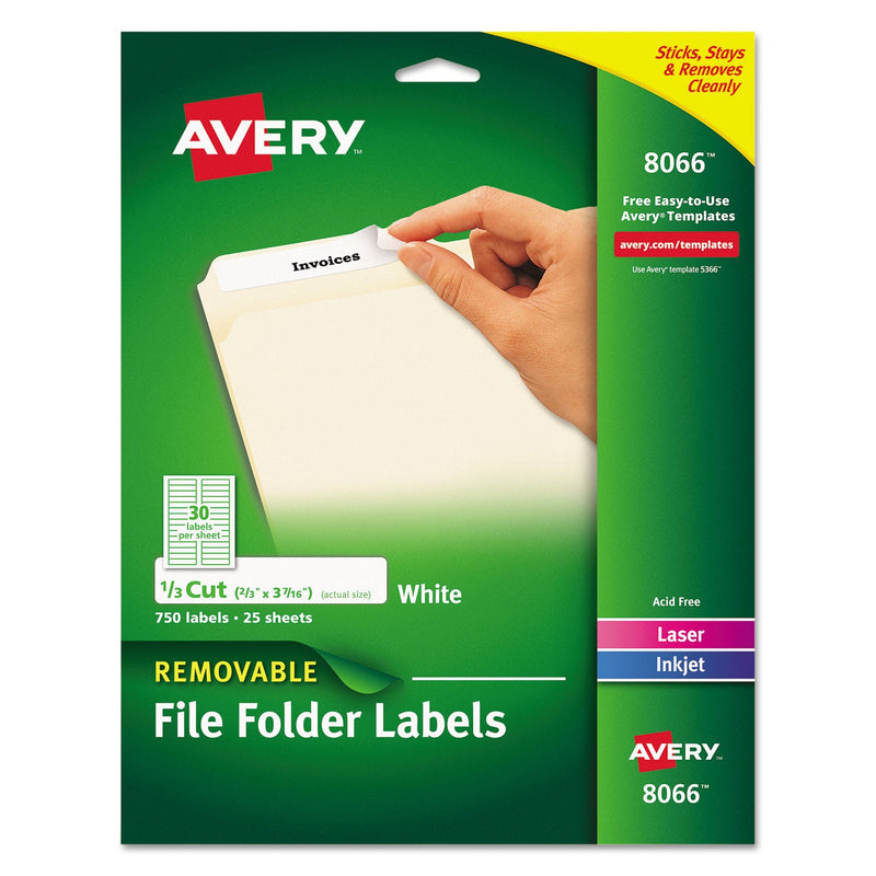 Avery Removable File Folder Labels with Sure Feed Technology, 0.66 x 3.44, White, 30/Sheet, 25 Sheets/Pack