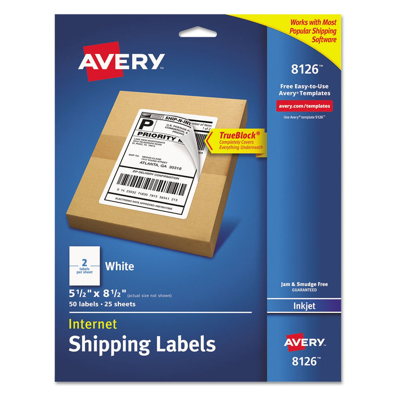 Avery Shipping Labels w/ TrueBlock Technology, Inkjet Printers, 5.5 x 8.5, White, 2/Sheet, 25 Sheets/Pack