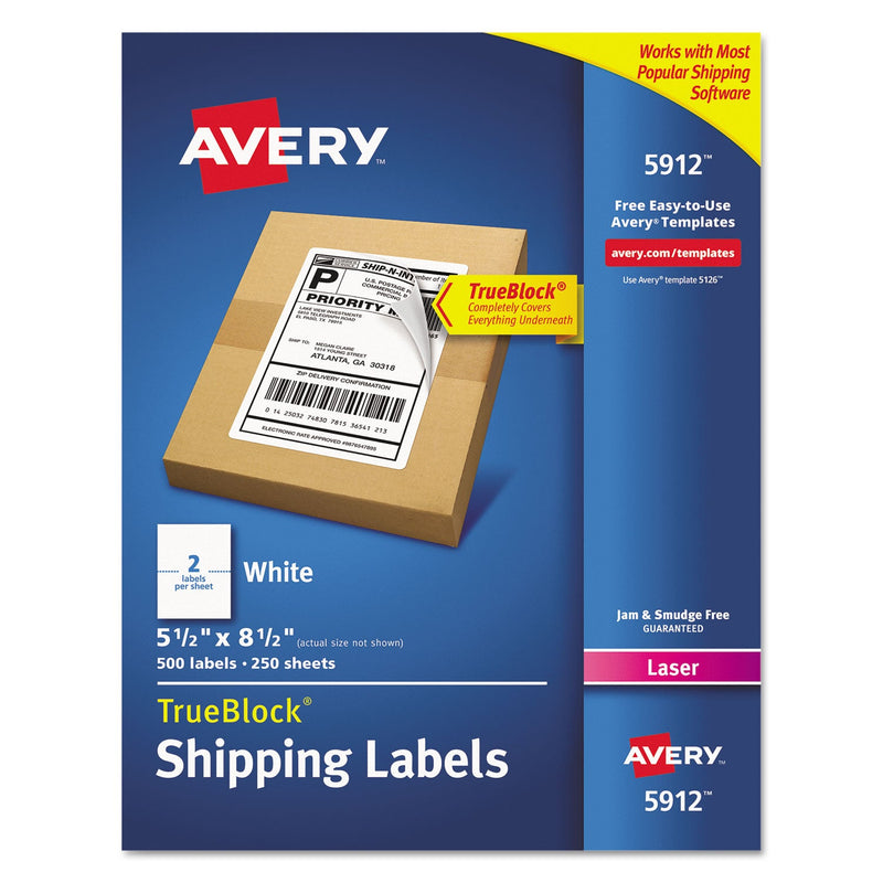 Avery Shipping Labels w/ TrueBlock Technology, Laser Printers, 5.5 x 8.5, White, 2/Sheet, 250 Sheets/Box