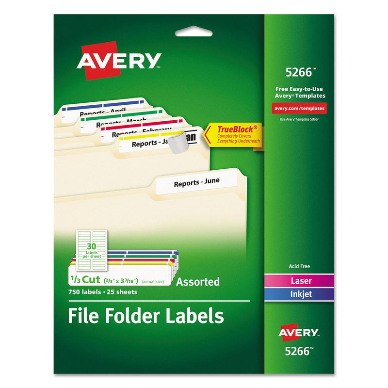 Avery Permanent TrueBlock File Folder Labels with Sure Feed Technology, 0.66 x 3.44, White, 30/Sheet, 25 Sheets/Pack