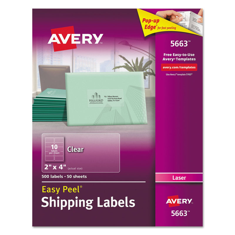 Avery Matte Clear Easy Peel Mailing Labels w/ Sure Feed Technology, Laser Printers, 2 x 4, Clear, 10/Sheet, 50 Sheets/Box