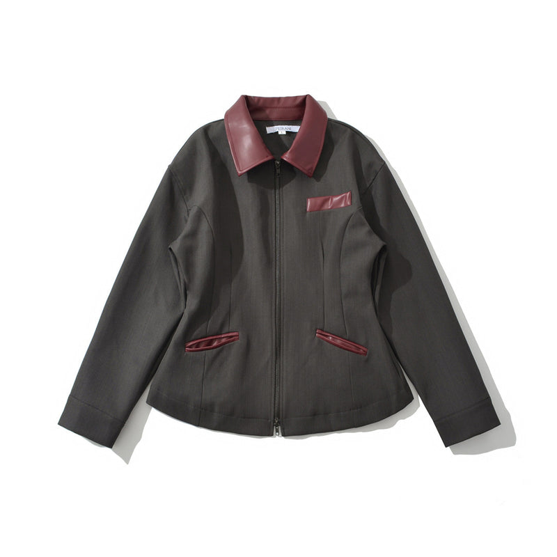 Retro Lapels Contrast Color Waist-tight Motorcycle Slim-fit Leather Coat Zipper Jacket