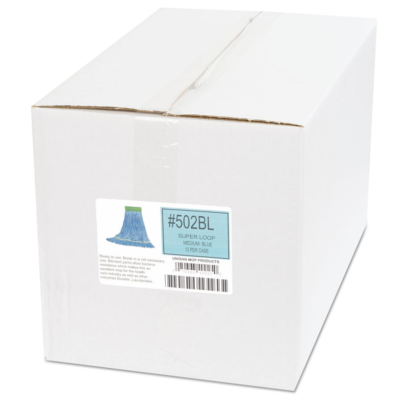 Boardwalk Super Loop Wet Mop Head, Cotton/Synthetic Fiber, 5" Headband, Medium Size, Blue, 12/Carton