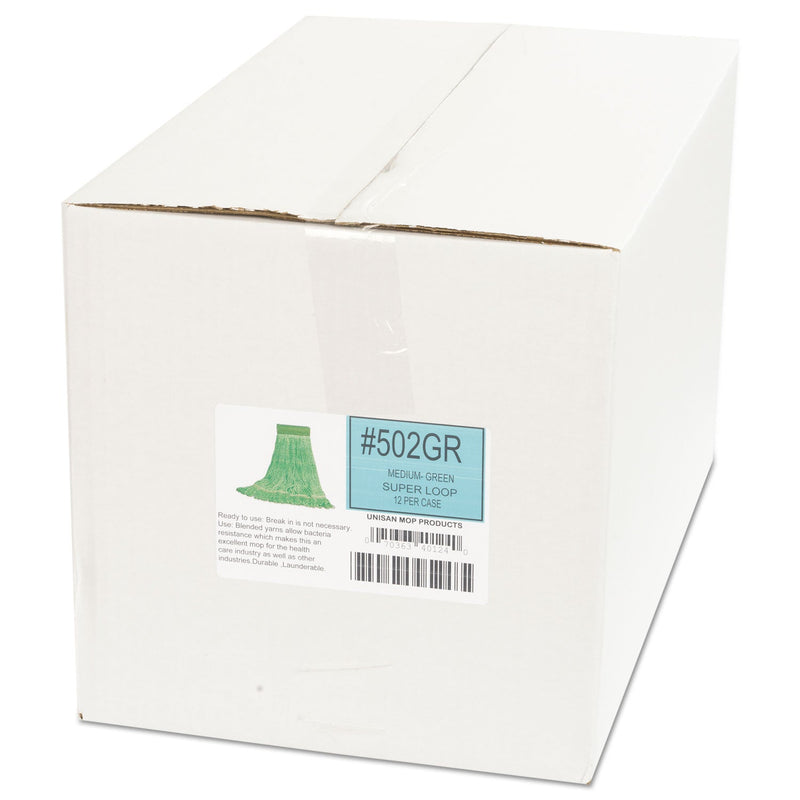 Boardwalk Super Loop Wet Mop Head, Cotton/Synthetic Fiber, 5" Headband, Medium Size, Green, 12/Carton