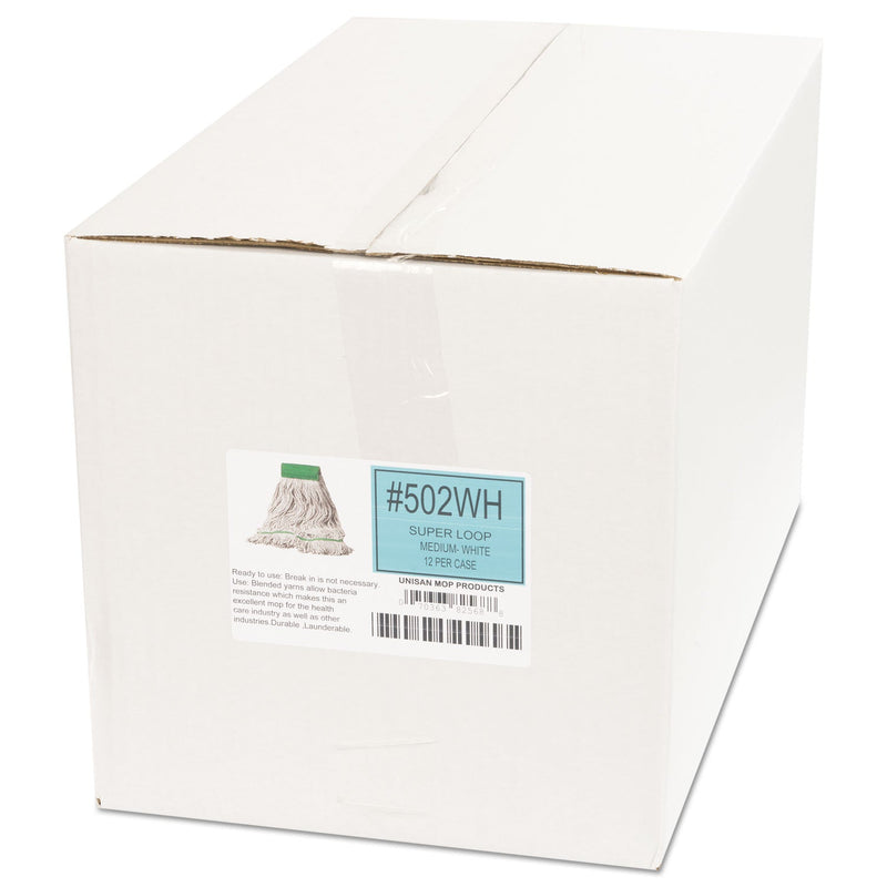 Boardwalk Super Loop Wet Mop Head, Cotton/Synthetic Fiber, 5" Headband, Medium Size, White, 12/Carton