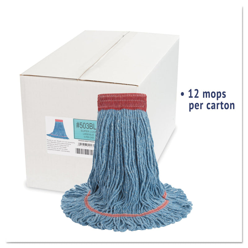 Boardwalk Super Loop Wet Mop Head, Cotton/Synthetic Fiber, 5" Headband, Large Size, Blue, 12/Carton
