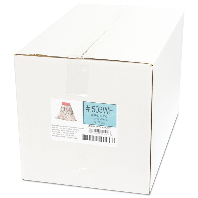 Boardwalk Super Loop Wet Mop Head, Cotton/Synthetic Fiber, 5" Headband, Large Size, White, 12/Carton