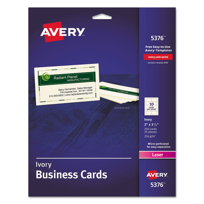 Avery Printable Microperforated Business Cards w/Sure Feed Technology, Laser, 2 x 3.5, Ivory, 250 Cards, 10/Sheet, 25 Sheets/Pack