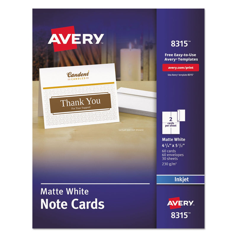 Avery Note Cards with Matching Envelopes, Inkjet, 85 lb, 4.25 x 5.5, Matte White, 60 Cards, 2 Cards/Sheet, 30 Sheets/Pack
