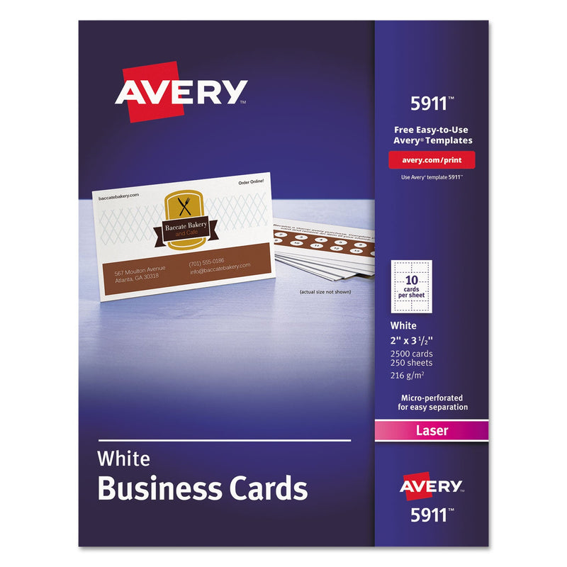 Avery Printable Microperforated Business Cards w/Sure Feed Technology, Laser, 2 x 3.5, White, 2,500 Cards, 10/Sheet, 250 Sheets/Box