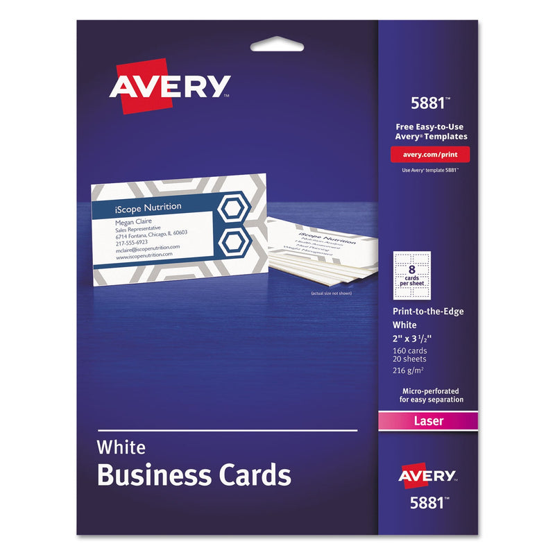 Avery Print-to-the-Edge Microperf Business Cards w/Sure Feed Technology, Color Laser, 2x3.5, White, 160 Cards, 8/Sheet,20 Sheets/PK