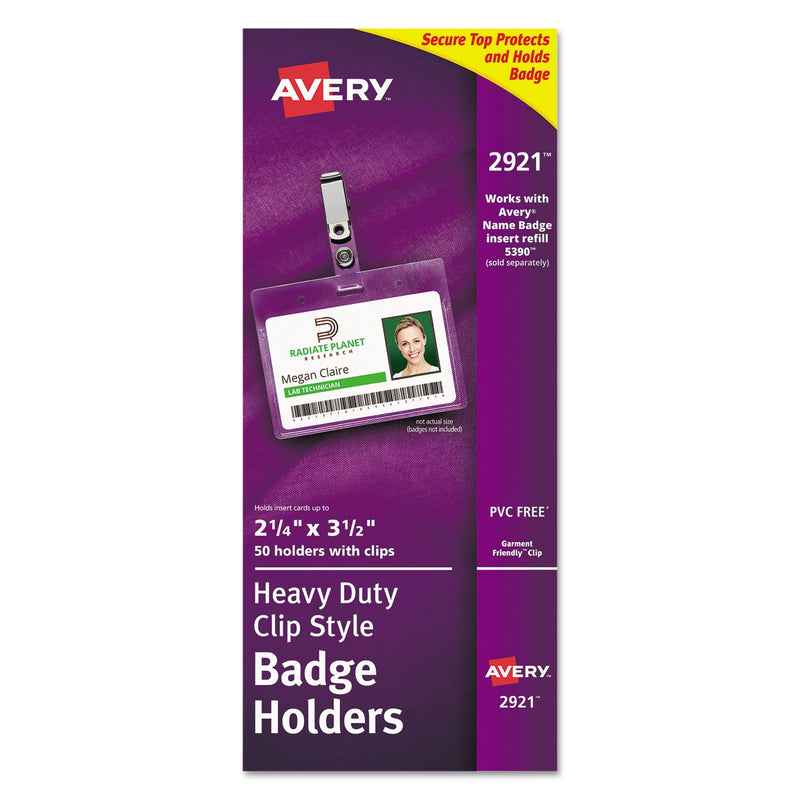 Avery Secure Top Clip-Style Badge Holders, Horizontal, 2 1/4 x 3 1/2, Clear, 50/Box