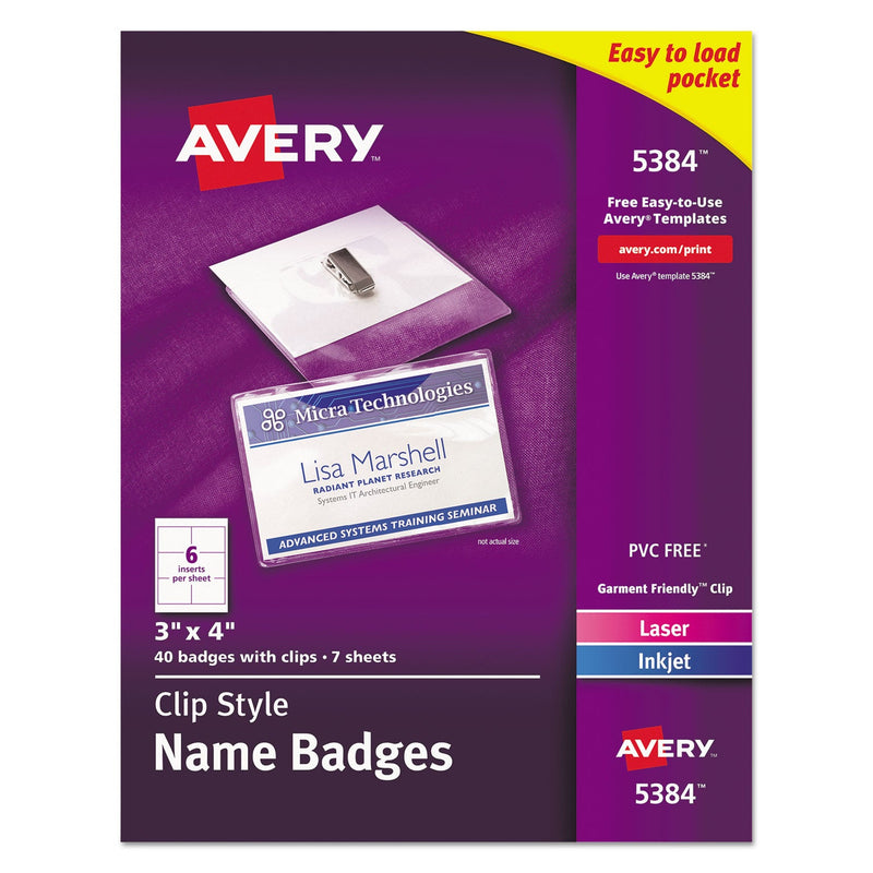 Avery Clip-Style Name Badge Holder with Laser/Inkjet Insert, Top Load, 4 x 3, White, 40/Box