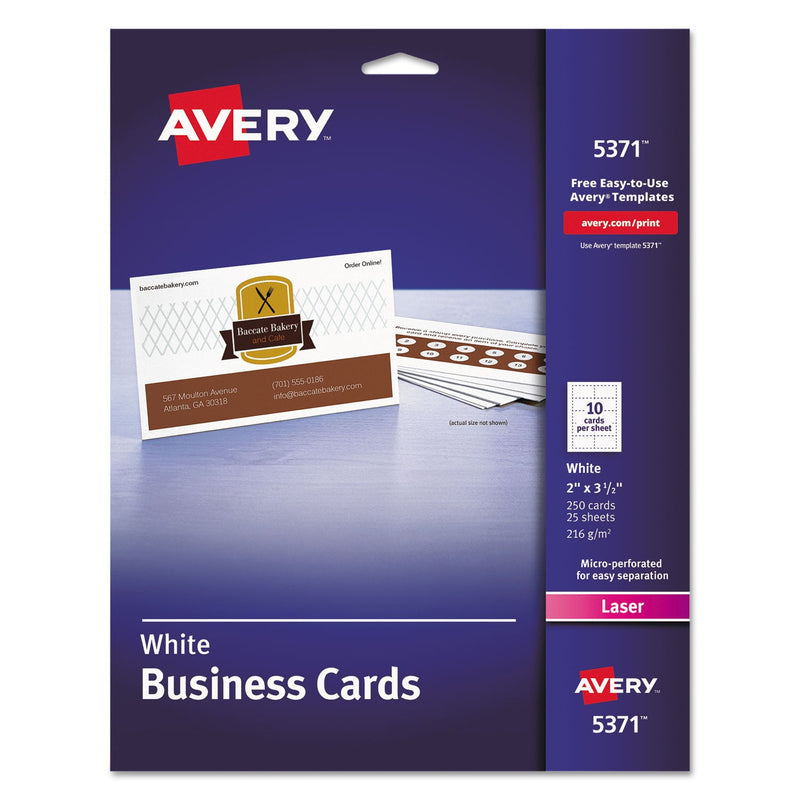 Avery Printable Microperforated Business Cards w/Sure Feed Technology, Laser, 2 x 3.5, White, 250 Cards, 10/Sheet, 25 Sheets/Pack
