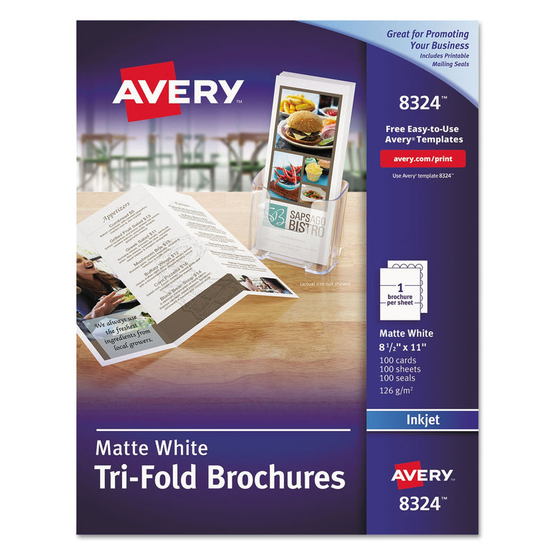 Avery Tri-Fold Brochures, 92 Bright, 85 lb Text Weight, 8.5 x 11, Matte White, 100/Pack