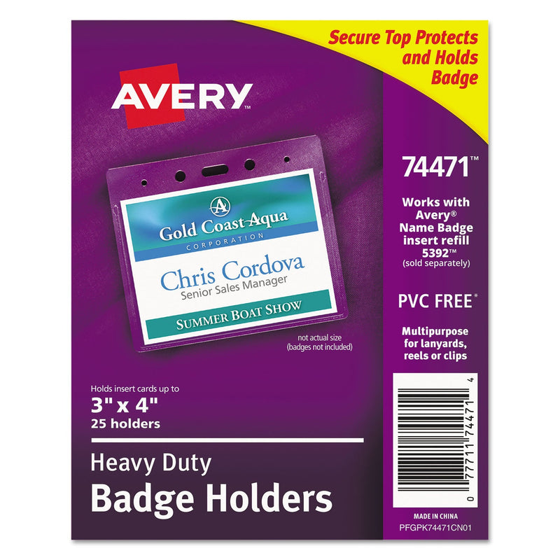 Avery Secure Top Heavy-Duty Badge Holders, Horizontal, 4w x 3h, Clear, 25/Pack