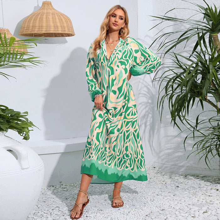 V-neck Abstract Printing Loose Long Style Long Sleeve Women's Dress