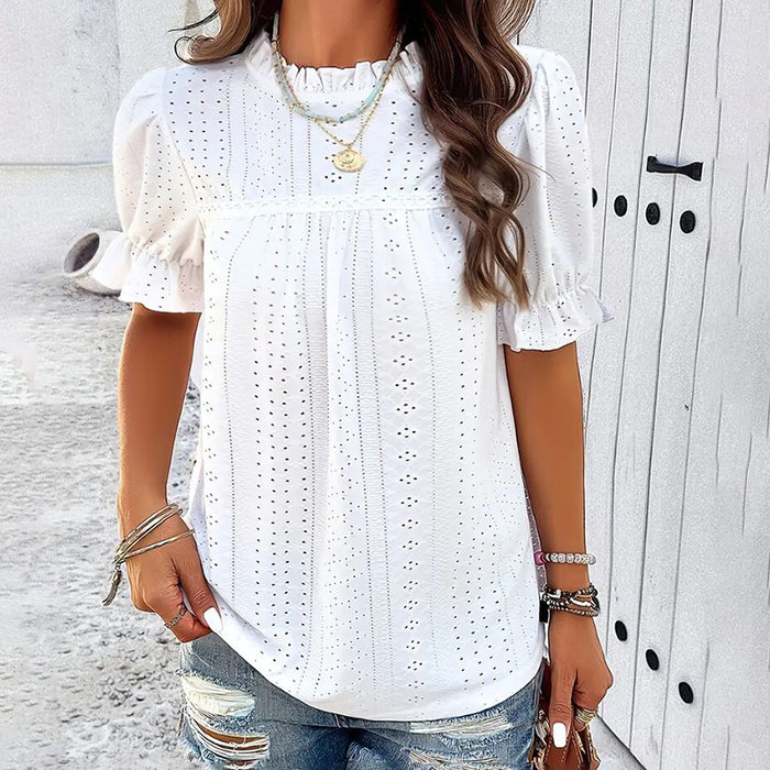 Women's Elegant Ruffle Detail Blouse Short Sleeve Round Neck Top