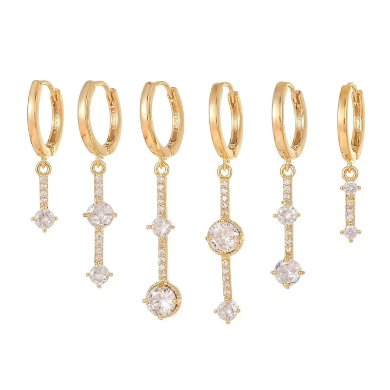 Stacking 6 Pieces Crystal Cascade Drops Earring Set, 18k Gold Hoop with Drops, S925 Needle, Stacked Lobe Designs with Dazzling Zirconia