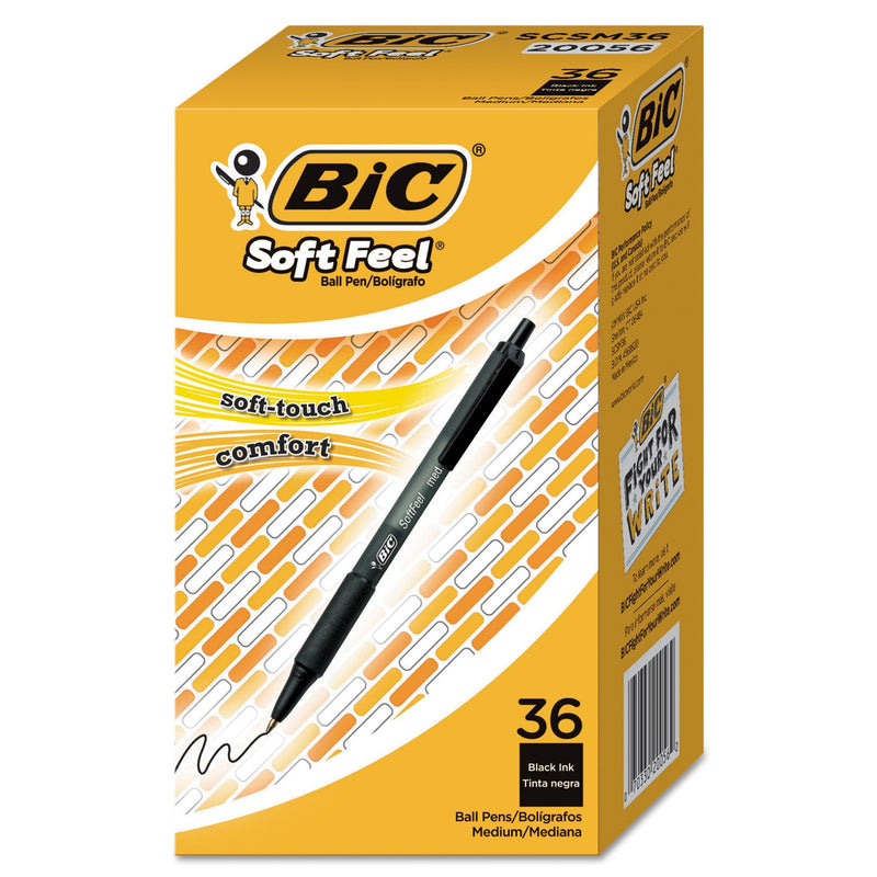 BIC Soft Feel Ballpoint Pen Value Pack, Retractable, Medium 1 mm, Black Ink, Black Barrel, 36/Pack
