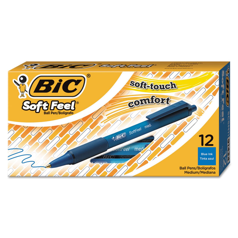 BIC Soft Feel Ballpoint Pen, Retractable, Medium 1 mm, Blue Ink, Blue Barrel, Dozen