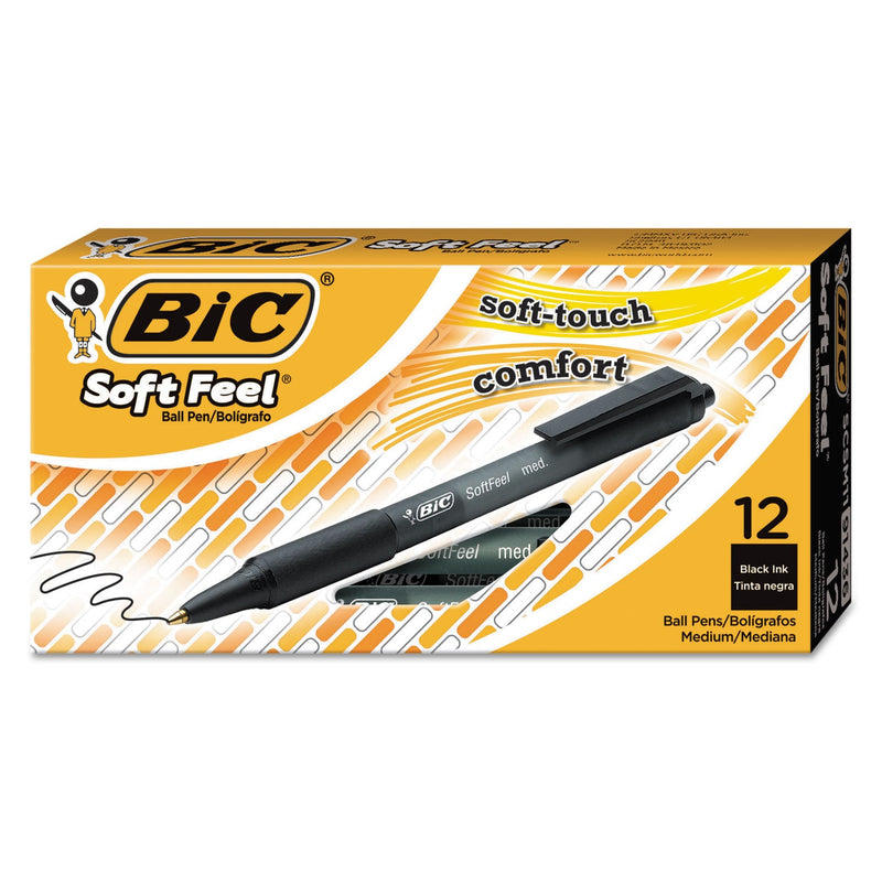 BIC Soft Feel Ballpoint Pen, Retractable, Medium 1 mm, Black Ink, Black Barrel, Dozen