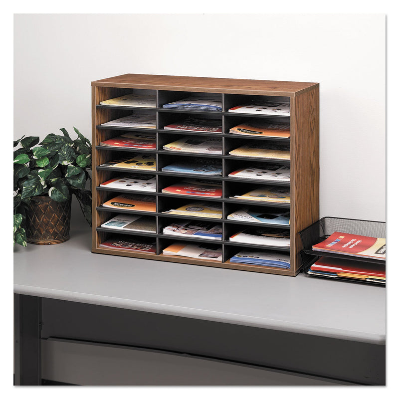 Fellowes Literature Organizer, 24 Letter Compartments, 29 x 11.88 x 23.44, Medium Oak