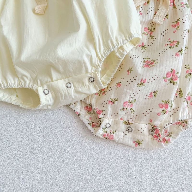 Small Floral Bow Baby Girl Bubble Sleeve Harness Crawl Clothes
