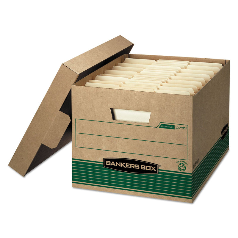 Bankers Box STOR/FILE Medium-Duty 100% Recycled Storage Boxes, Letter/Legal Files, 12.5" x 16.25" x 10.25", Kraft/Green, 12/Carton