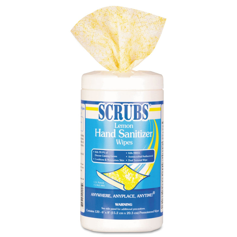 SCRUBS Hand Sanitizer Wipes, 6 x 8, Lemon Scent, Blue/White, 120 Wipes/Canister, 6 Canisters/Case