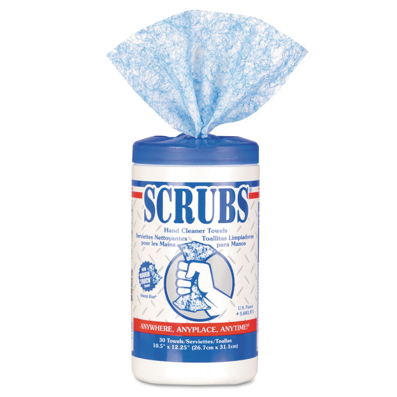 SCRUBS Hand Cleaner Towels, 10 x 12, Citrus, Blue/White, 30/Canister