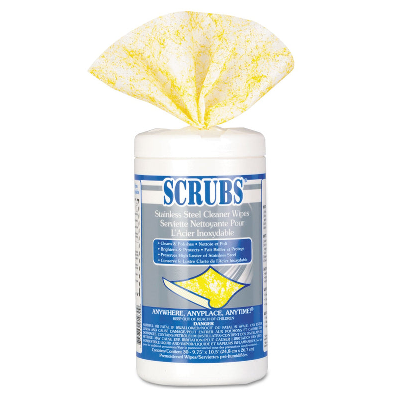 SCRUBS Stainless Steel Cleaner Towels, 9.75 x 10.5, Lemon Scent, 30/Canister, 6 Canisters/Carton
