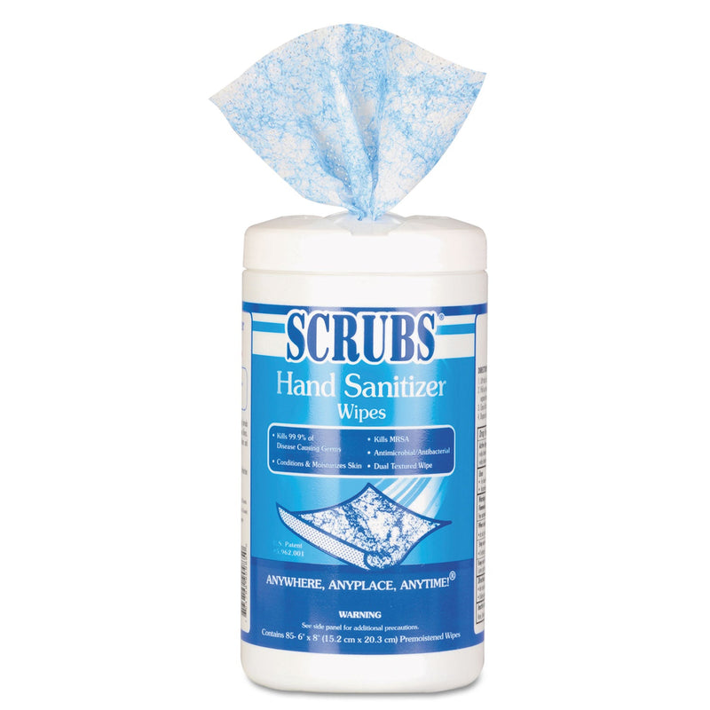 SCRUBS Hand Sanitizer Wipes, 6 x 8, Unscented, Blue/White, 85/Canisters, 6 Canisters/Carton