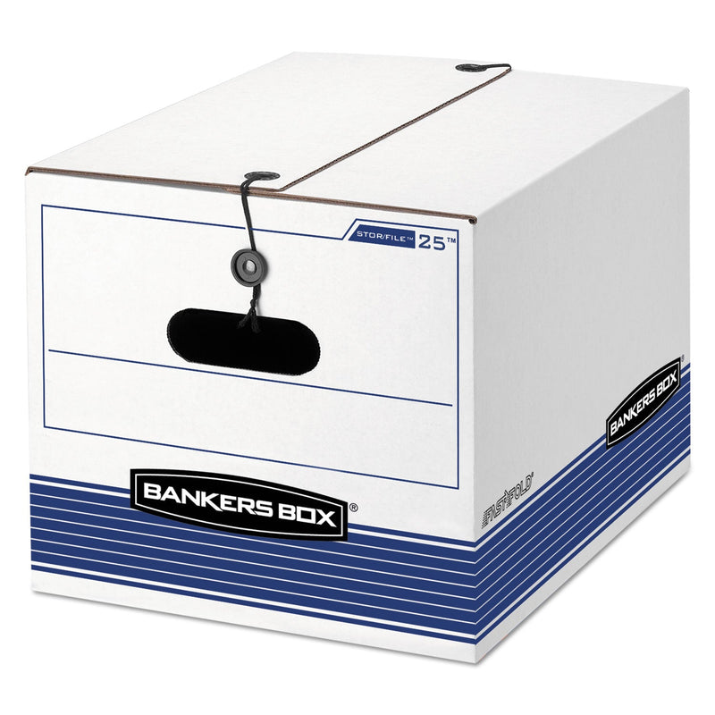 Bankers Box STOR/FILE Medium-Duty Strength Storage Boxes, Letter/Legal Files, 12.25" x 16" x 11", White/Blue, 4/Carton