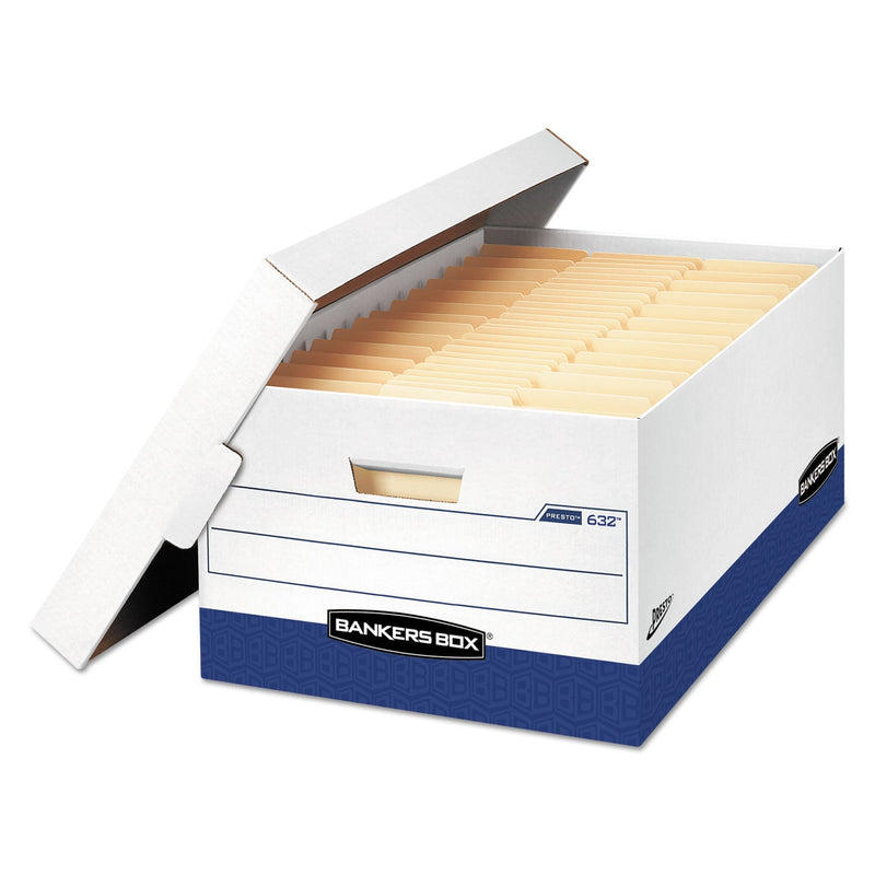 Bankers Box PRESTO Heavy-Duty Storage Boxes, Legal Files, 16" x 10.38", White/Blue, 12/Carton