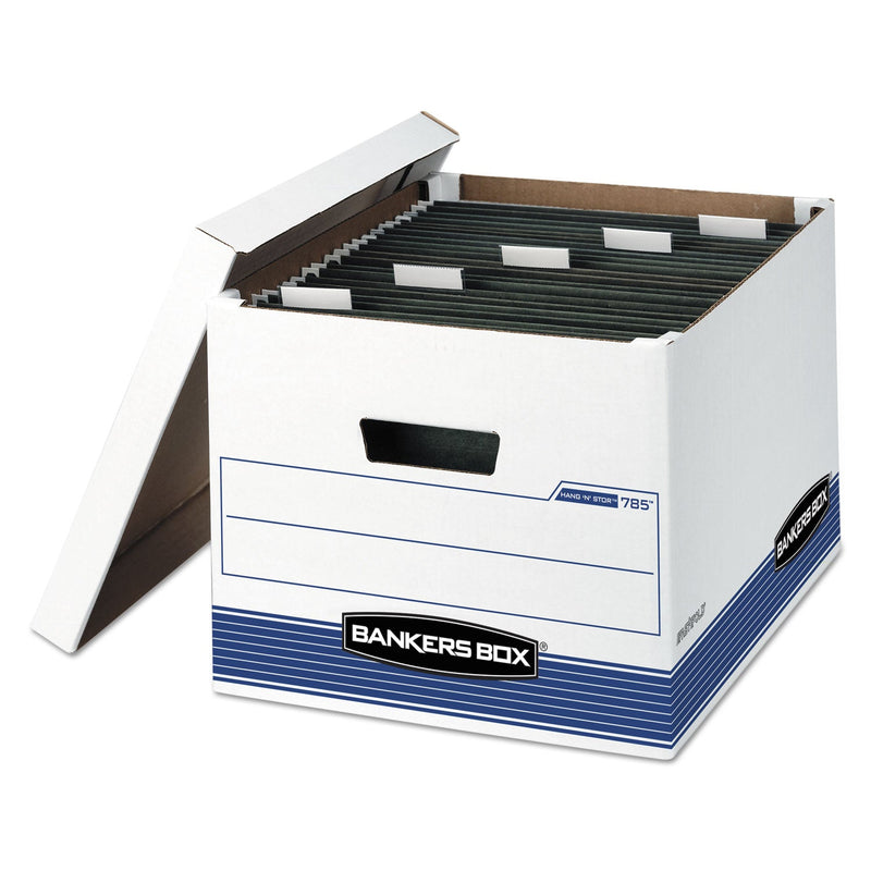 Bankers Box HANG'N'STOR Medium-Duty Storage Boxes, Letter/Legal Files, 13" x 16" x 10.5", White/Blue, 4/Carton