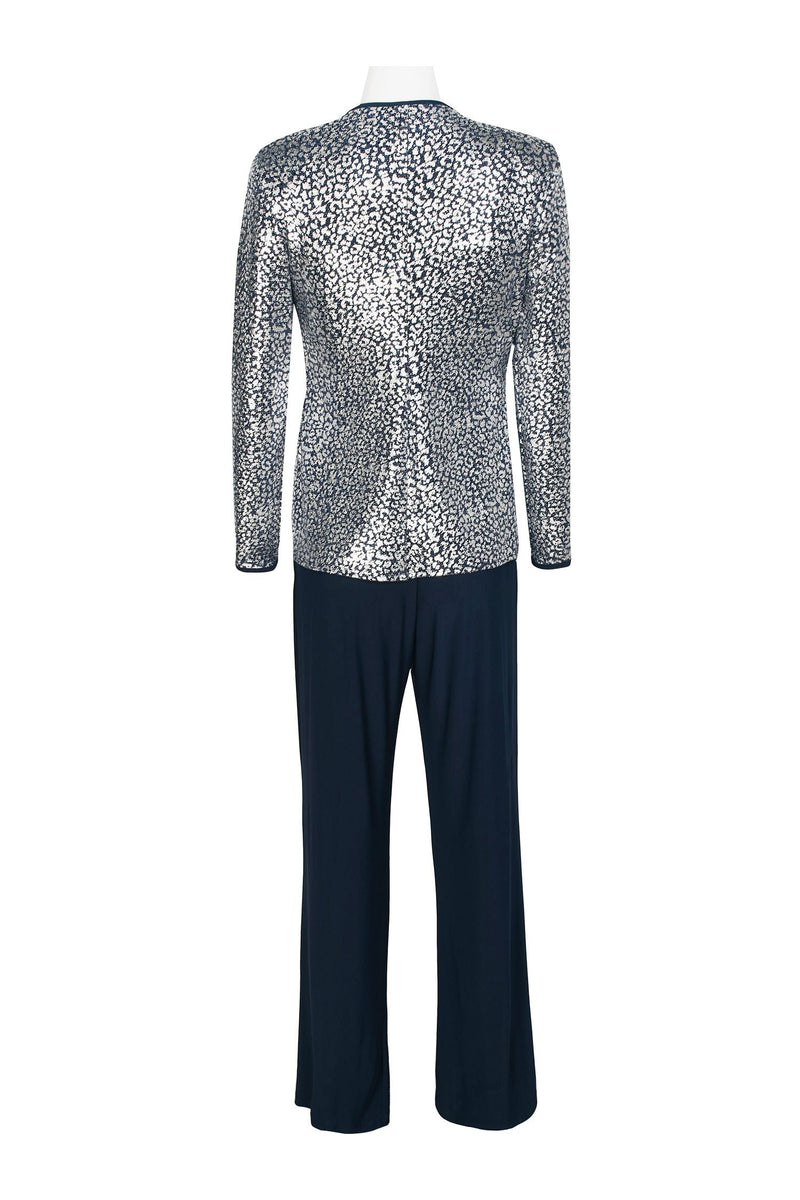 Marina Spaghetti Strap Metallic Knit Top Elastic Mid Waist Straight Leg Pant Set with Long Sleeve Surplice V-Neck Metallic Knit Jacket Three Piece Set