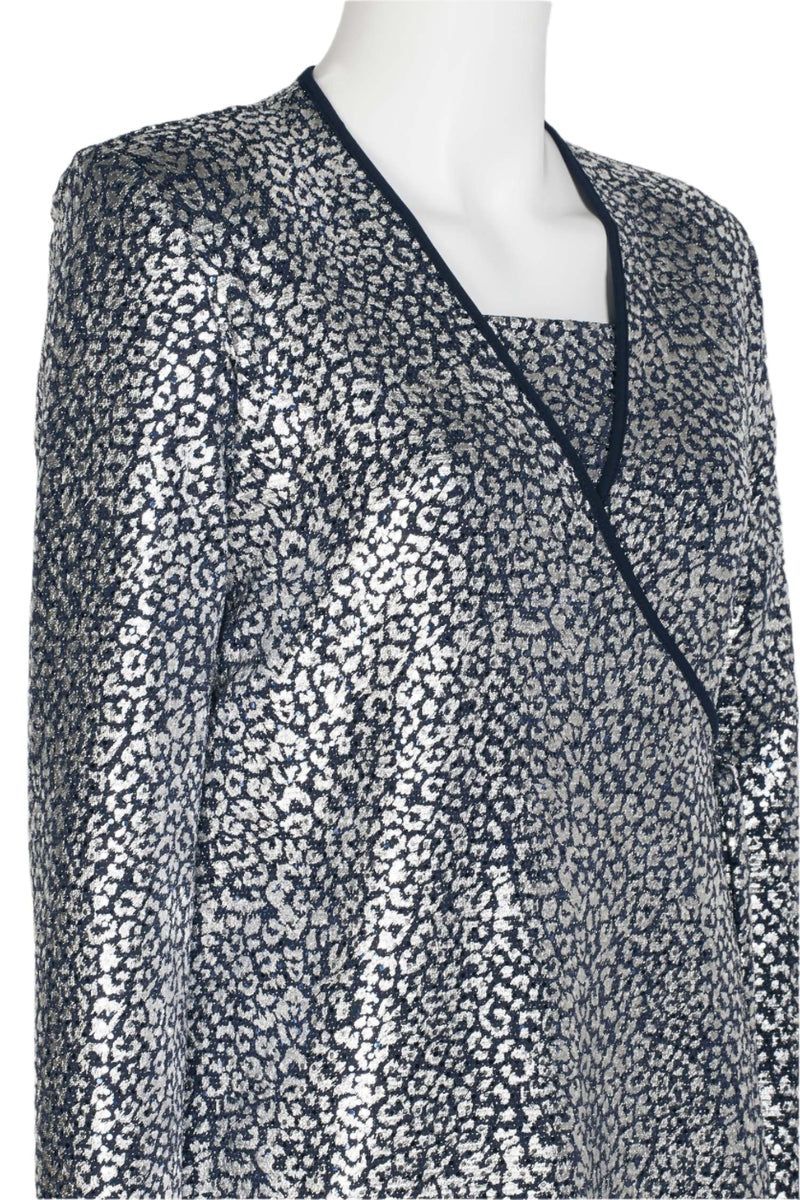 Marina Spaghetti Strap Metallic Knit Top Elastic Mid Waist Straight Leg Pant Set with Long Sleeve Surplice V-Neck Metallic Knit Jacket Three Piece Set