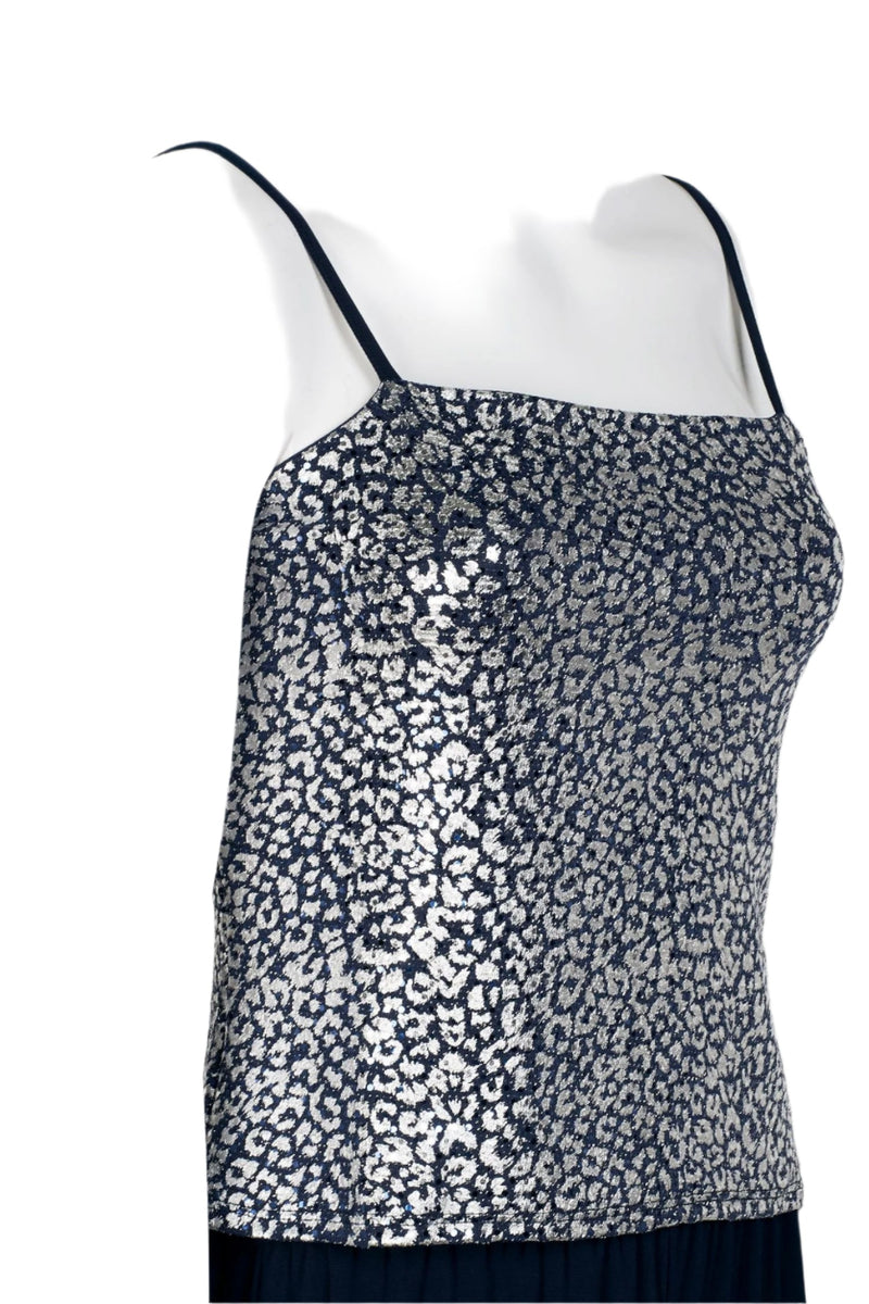 Marina Spaghetti Strap Metallic Knit Top Elastic Mid Waist Straight Leg Pant Set with Long Sleeve Surplice V-Neck Metallic Knit Jacket Three Piece Set