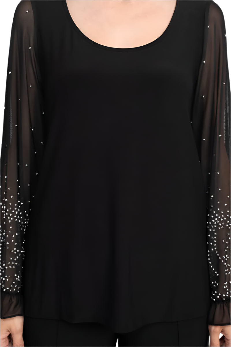 Marina Scoop Neck Embellished Chiffon Long Sleeve Slit Side Top and Elastic Mid Waist Wide Leg Jersey Two Piece Pant Set