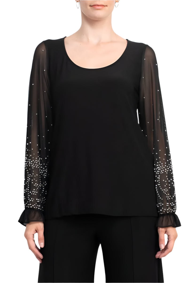 Marina Scoop Neck Embellished Chiffon Long Sleeve Slit Side Top and Elastic Mid Waist Wide Leg Jersey Two Piece Pant Set