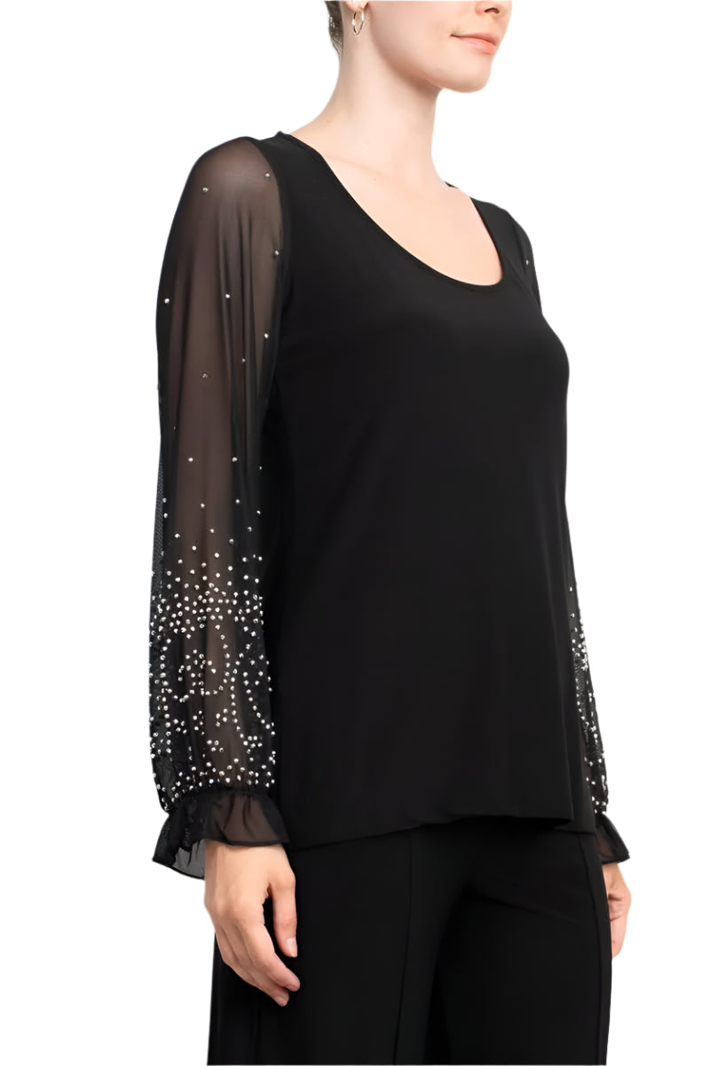 Marina Scoop Neck Embellished Chiffon Long Sleeve Slit Side Top and Elastic Mid Waist Wide Leg Jersey Two Piece Pant Set