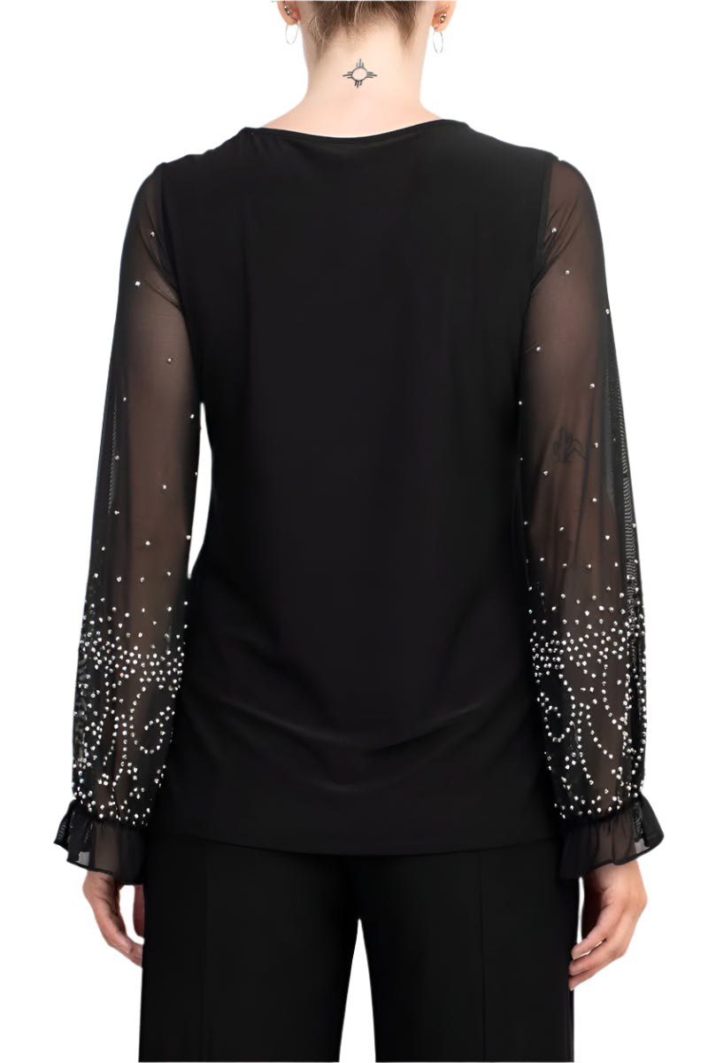 Marina Scoop Neck Embellished Chiffon Long Sleeve Slit Side Top and Elastic Mid Waist Wide Leg Jersey Two Piece Pant Set