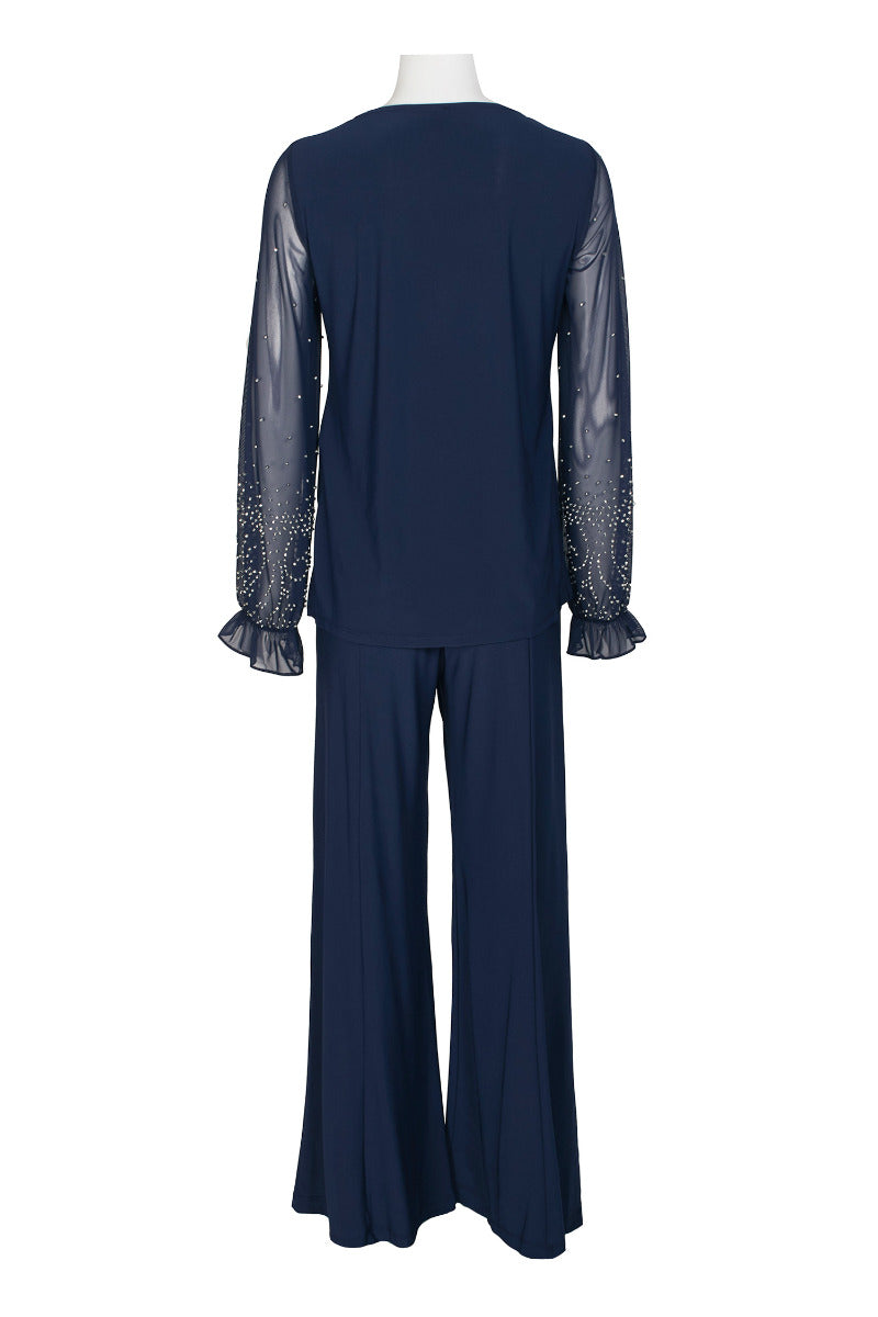 Marina Scoop Neck Embellished Chiffon Long Sleeve Slit Side Top and Elastic Mid Waist Wide Leg Jersey Two Piece Pant Set